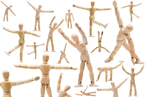 Collage of wooden mannequin in different positions - Photo, Image