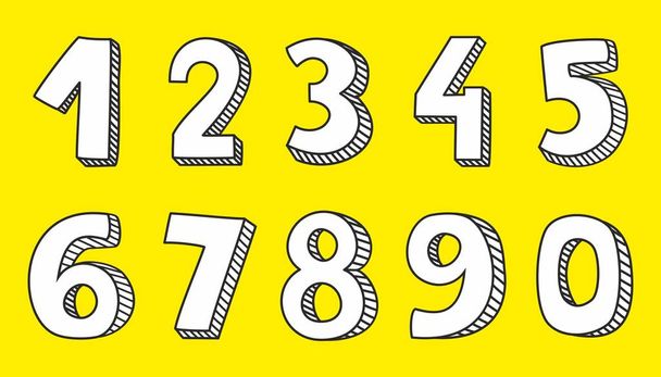 Hand drawn vector white numbers isolated on yellow background - Vector, Image