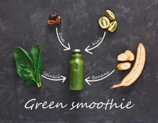 Natural detox green smoothie ingredients on black background - Foto, afbeelding