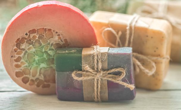 handmade soap on wooden background - Photo, Image