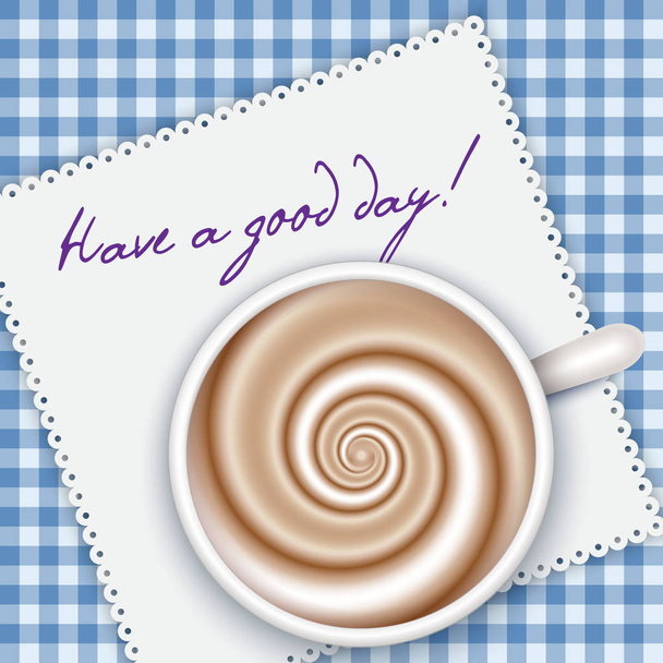 Coffee cup top view, blue gingham background - Vector, Image