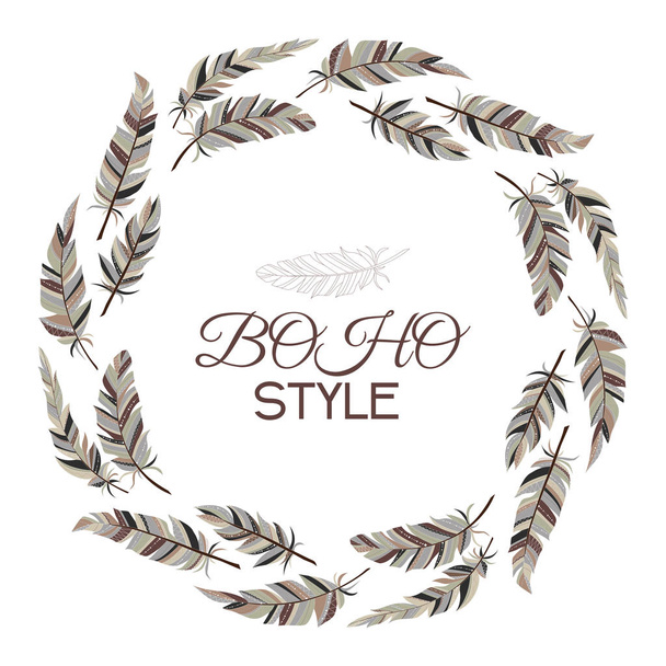 Boho style. Wreath of vintage feathers on a white background. - Vecteur, image
