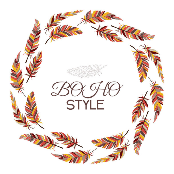Boho style. Wreath of vintage feathers on a white background. - Vecteur, image