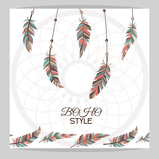 Vintage card. Boho style. Two flyers decorated with feathers and dream catcher with Indian style. - Vector, Image