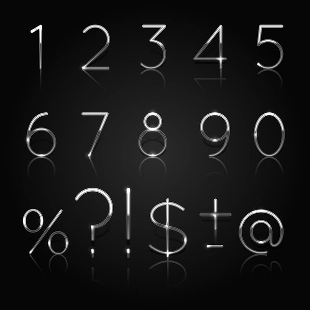Срібні номери. Набір срібних чисел і знаків пунктуації ізольовані на чорному тлі. Векторна ілюстрація
 - Вектор, зображення