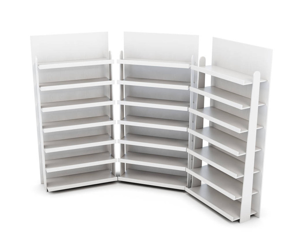 Racks with shelves isolated on white background. 3d rendering - Photo, Image
