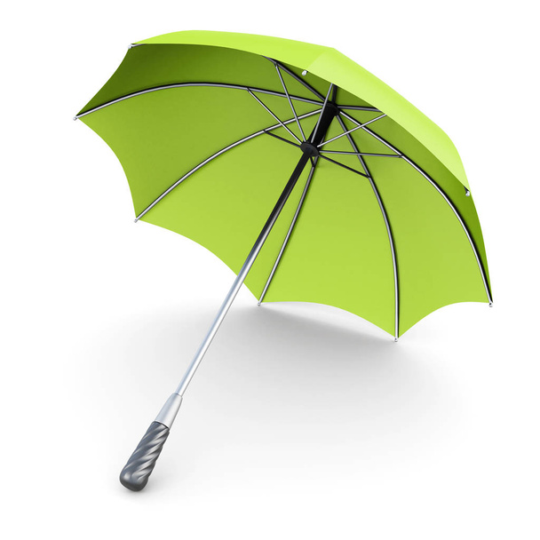 Beyaz arka plan üzerinde izole yeşil şemsiye. 3D render - Fotoğraf, Görsel