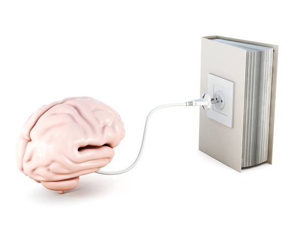 Ανθρώπινος εγκέφαλος είναι επαναφορτιστεί από το βιβλίο. 3D rendering - Φωτογραφία, εικόνα