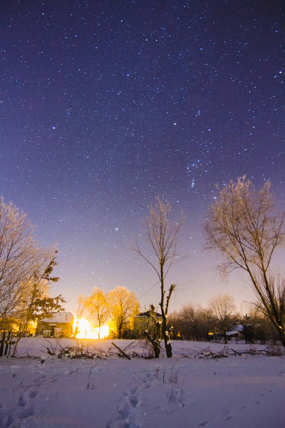 Cielo lleno de estrellas sobre el nevado pueblo de invierno
 - Foto, Imagen