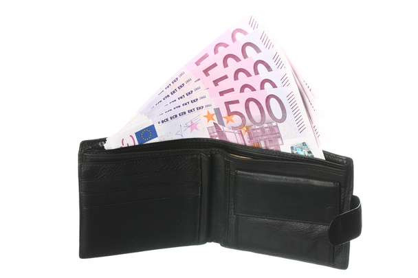 Five-hundredth euro banknotes in black leather wallet - Fotografie, Obrázek