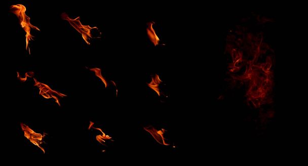 Set of isolated flames on a black background - Photo, Image