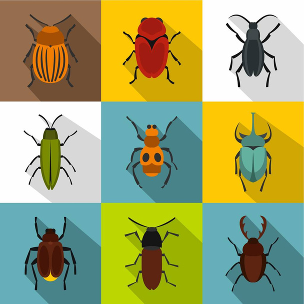 Insects beetles icons set, flat style - Vector, Image