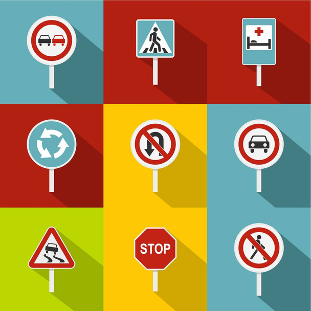 Sign on road icons set, flat style - Wektor, obraz