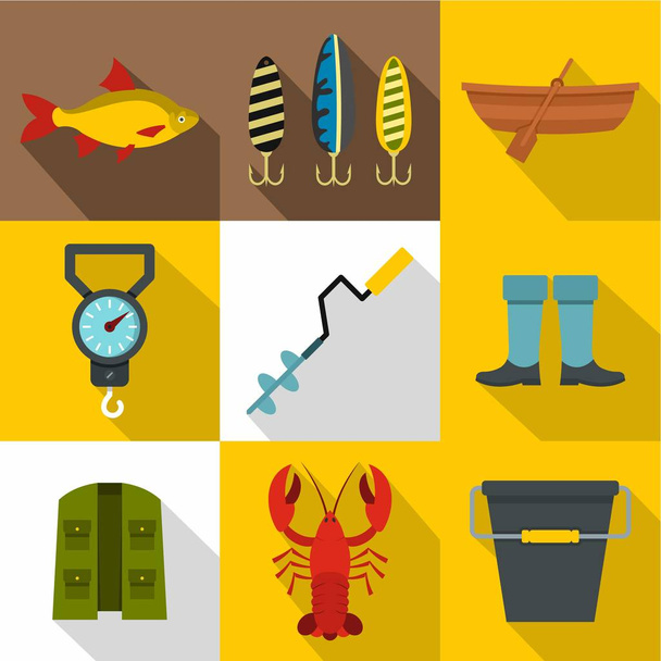 Fishing sport icons set, flat style - Вектор, зображення
