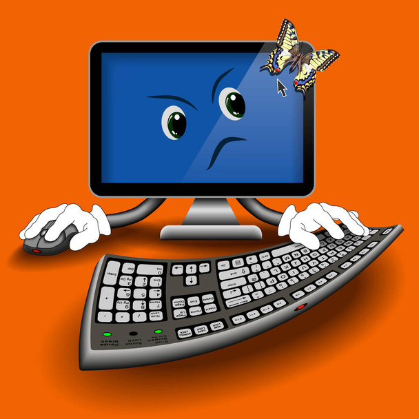 Cartoon computer met een vlinder - Vector, afbeelding