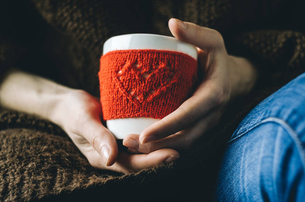 Red Knitted woolen cup with heart pattern in female hands. - Fotó, kép