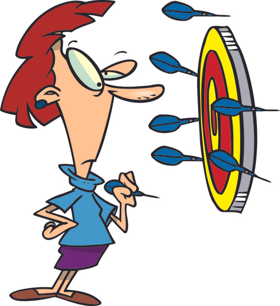 Mulher dos desenhos animados jogando dardos
 - Vetor, Imagem