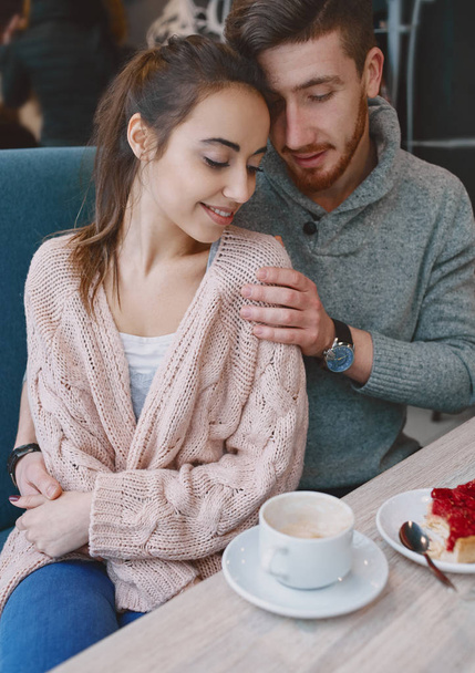 couple in love on a date in cafe in Valentines day - Фото, изображение