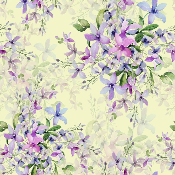  野の花とのシームレスなパターン、色付きの背景上の水彩画のイメージ - 写真・画像