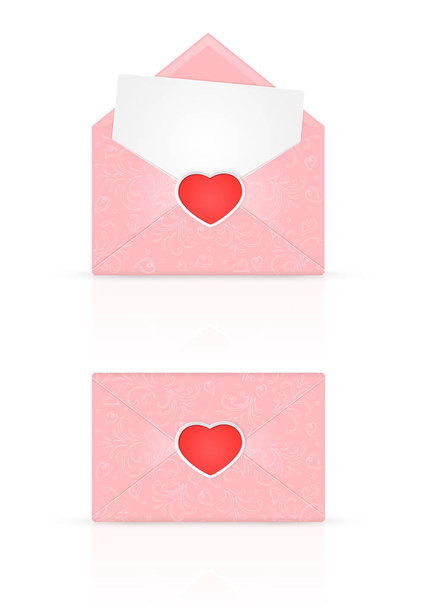 Růžová obálka s červeným srdcem a ozdobné prvky - Vektor, obrázek