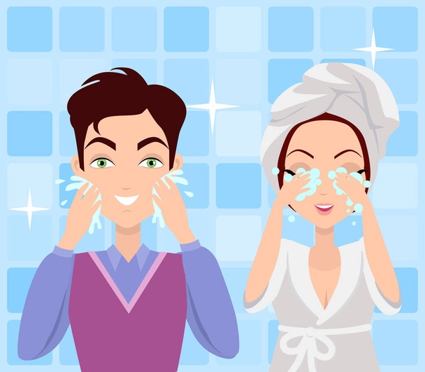Man and Woman Washing their Faces. Cleaning - Vector, Imagen