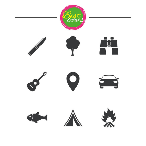 Camping, tourism icons. Fishing, guitar music. - Vektor, obrázek