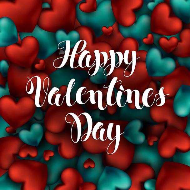Happy Valentines Day Calligraphy Lettering of Red Hearts Volume. handwritten text on red and turquoise background. Holiday Shining Motion Design Card. Vector Illustration Abstract - Vetor, Imagem