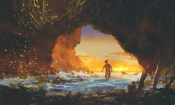 l'homme marchant dans la grotte maritime au coucher du soleil
 - Photo, image