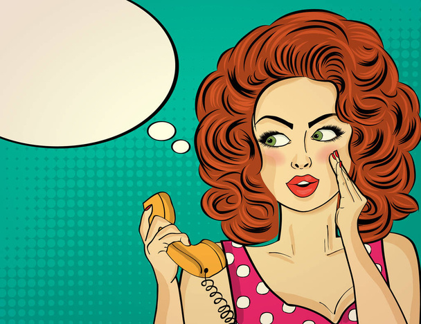 Surprised pop art woman with retro phone, who tells her secrets. - Vector, Image