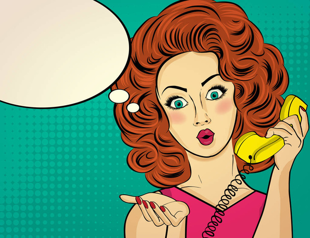 Surprised pop art woman chatting on retro phone . Comic woman wi - Vector, Image
