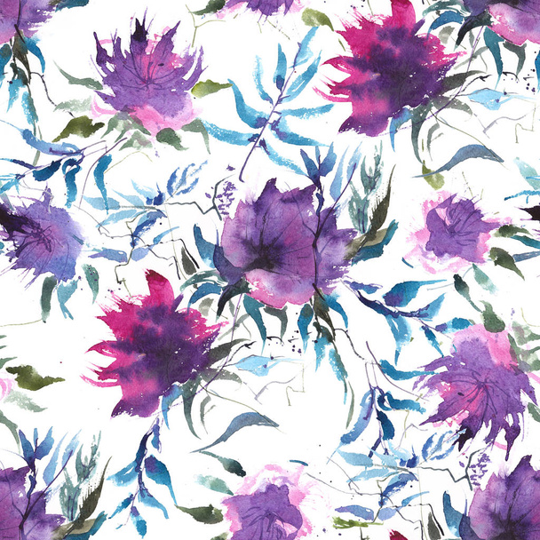 Seamless pattern with fantastic purple flowers and leaves. Bright colors watercolor. Original painting. - Valokuva, kuva