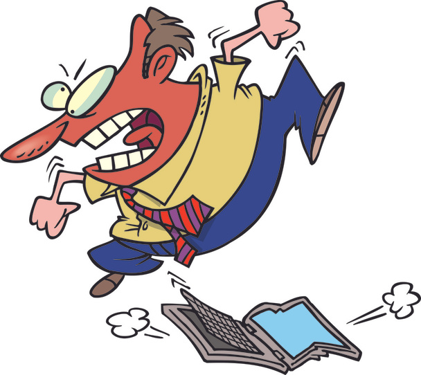 Karikaturist springt auf Laptop - Vektor, Bild