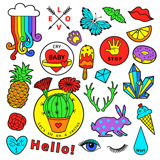 Fashion patch badge elements in cartoon 80s-90s comic style. Set modern trend doodle pop art sketch. - Vector, Image
