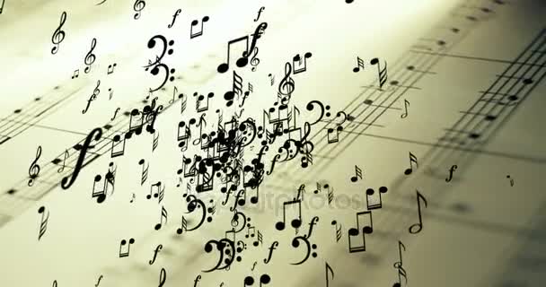 musical notes flying on vintage old the stave pentagram background - Footage, Video
