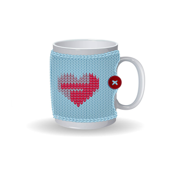 White cup with a blue knitted cover. On the cover design with red heartand a button. Vector winter illustration to Valentine's Day. - Vector, Image