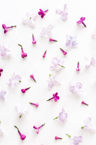 The white background filled with purple spring lilac flowers.. Flat lay. Top view. - Zdjęcie, obraz