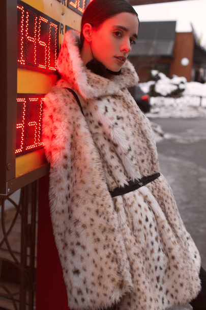 Hermosa mujer de negocios en un abrigo de piel en un fondo de oficina en la calle
 - Foto, imagen