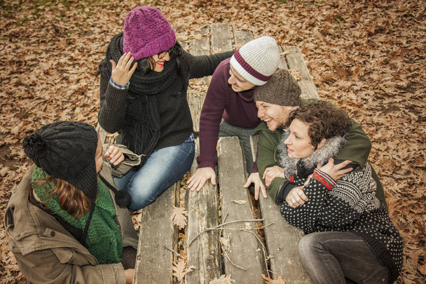 Friends conversation in a park full of leaves. Autumn scenery - Fotoğraf, Görsel