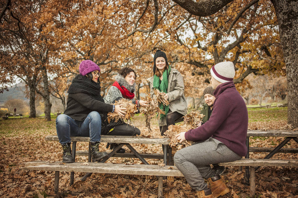 Friends conversating and throwing up leaves in a park - Foto, Bild