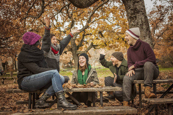 Щасливі друзі розмовляють і кидають листя в парку
 - Фото, зображення