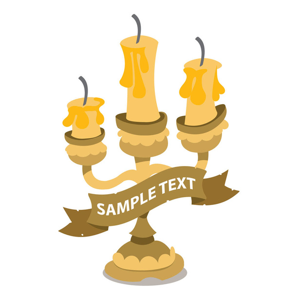 Candlestick on three candles with ribbon banner. Vintage household items. Cartoon drawing for gaming mobile applications. - Vecteur, image