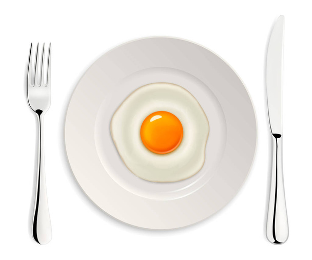 Realistinen vektori paistettu muna kuvake lautasella haarukalla ja veitsellä. Suunnittelumalli
. - Vektori, kuva