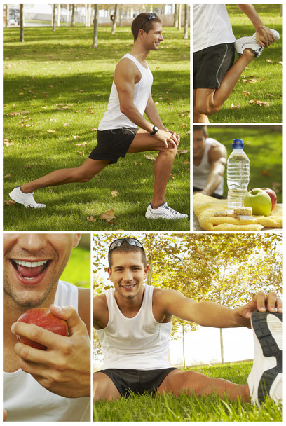 Collage of sport man stretching, hydrating and feeding - Foto, Imagen