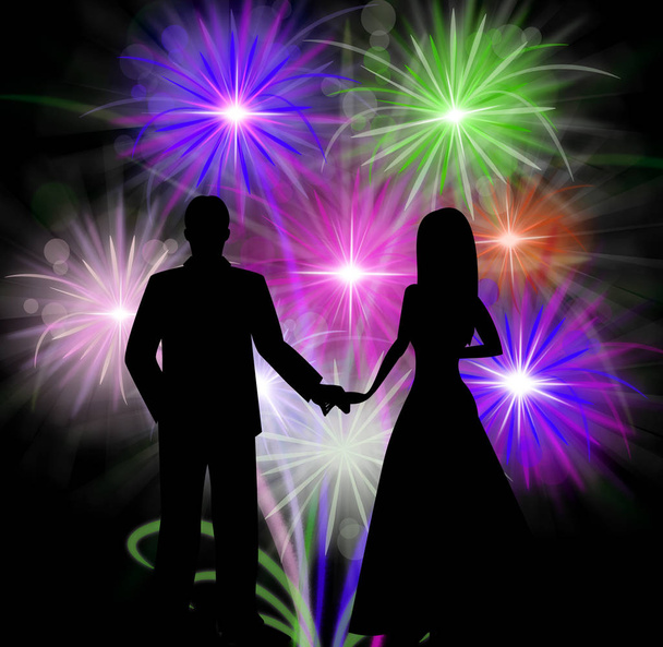 Couple Silhouette In Front Of Firework Romantic Celebrations - Fotografie, Obrázek