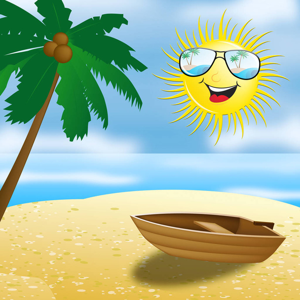 Beautiful Beach With Smiling Sun 3d Illustration - Photo, Image