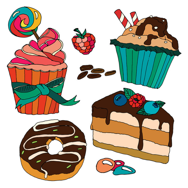 Conjunto vetorial de pastelaria. Sobremesas, muffins, cupcakes
,  - Vetor, Imagem