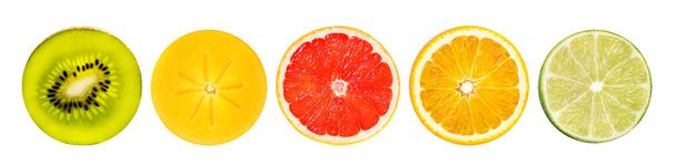 orange, kiwi, grapefruit, lime, persimmon  isolated on white  - Fotoğraf, Görsel