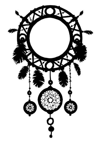 Hand drawn dreamcatcher silhouette with beads and feathers. - Vector, Image