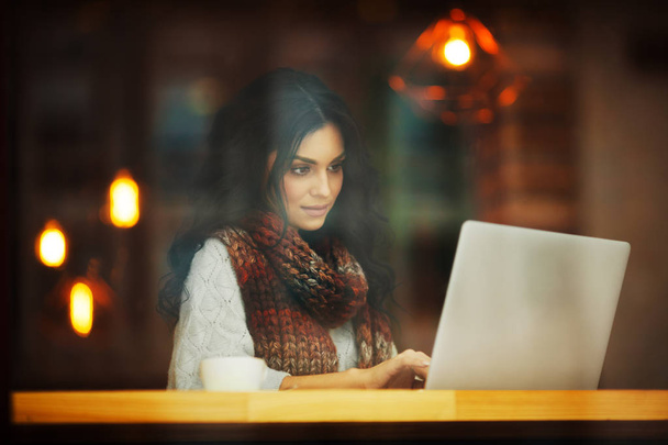 woman working with laptop in cafe - Photo, Image
