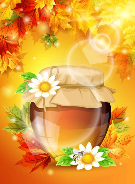 Realistic sunny autumn light, bright maple leaves, a jar of honey in the  background. Colorful and high-quality template. Vector illustration - ベクター画像